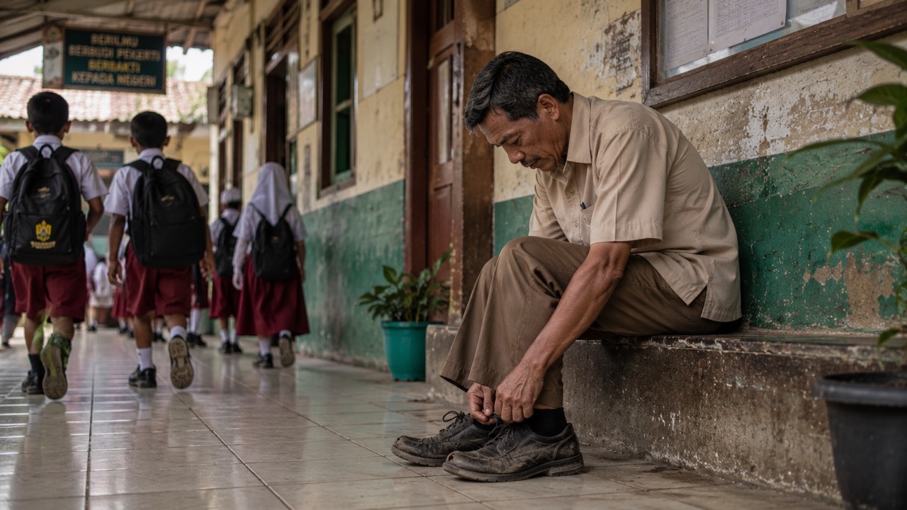 Guru dengan sepatu lama di koridor sekolah